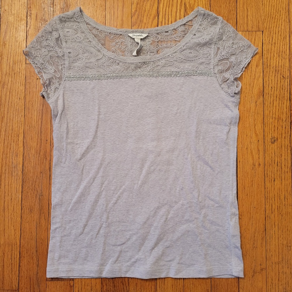 Aeropostale Gray Lace Short Sleeve Tee Top S Fairie Whimsigoth Boho Coquette Y2K